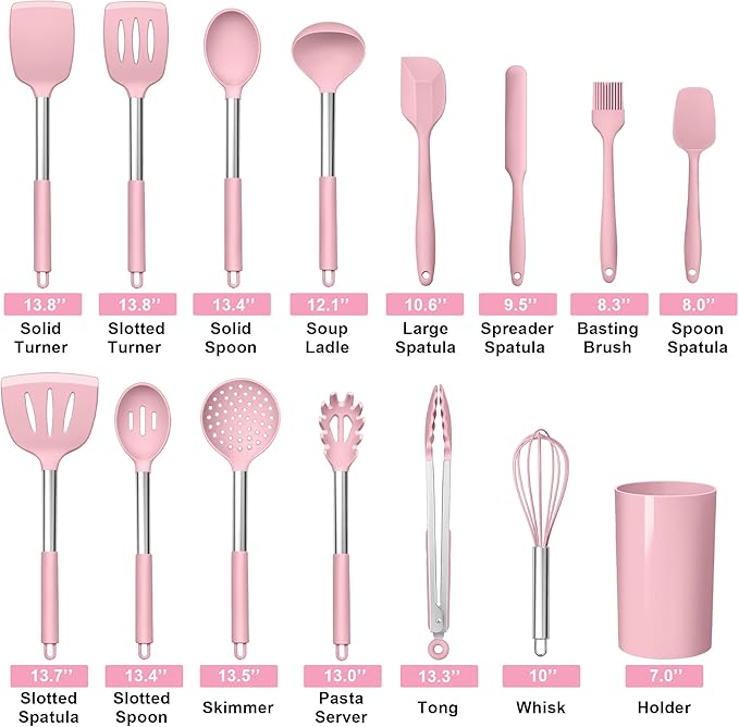 LIANYU 15 Piece Cooking Utensils Set with Stainless Steel Handle, Silicone Kitchen Gadgets with Holder, Heat Resistant Spatula Spoon Turner Tong Whisk Brush Tools for Cooking, Dishwasher Safe, Pink