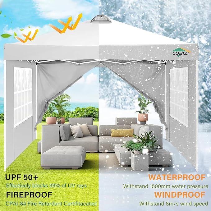 COBlZI 10x10 Pop Up Canopy Tent with 4 Removable Sidewalls，Waterproof Commercial Easy up Adjustable Gazebo with Air Vent, 4 Sandbags，4 Stakes & 8 Ropes（Tents for Party/Exhibition,White