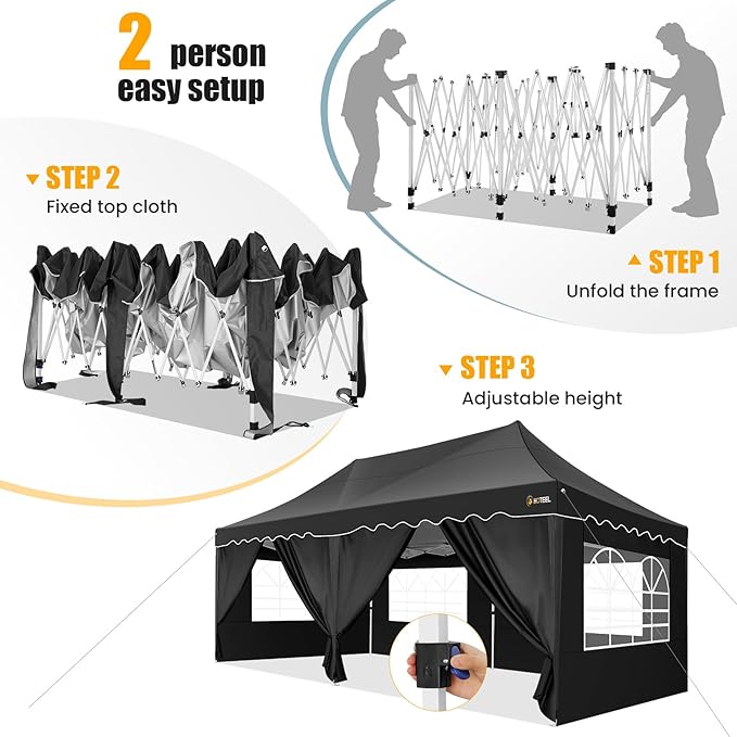 HOTEEL 10x20 Pop up Canopy Tent with 6 Removable Sidewalls, Wave Hem Roof 10x20 Canopy with Wheel Bag and 4 Sandbag, Commercial Pop up Tent Waterproof Sunshade for Wedding Party Stall(Black)