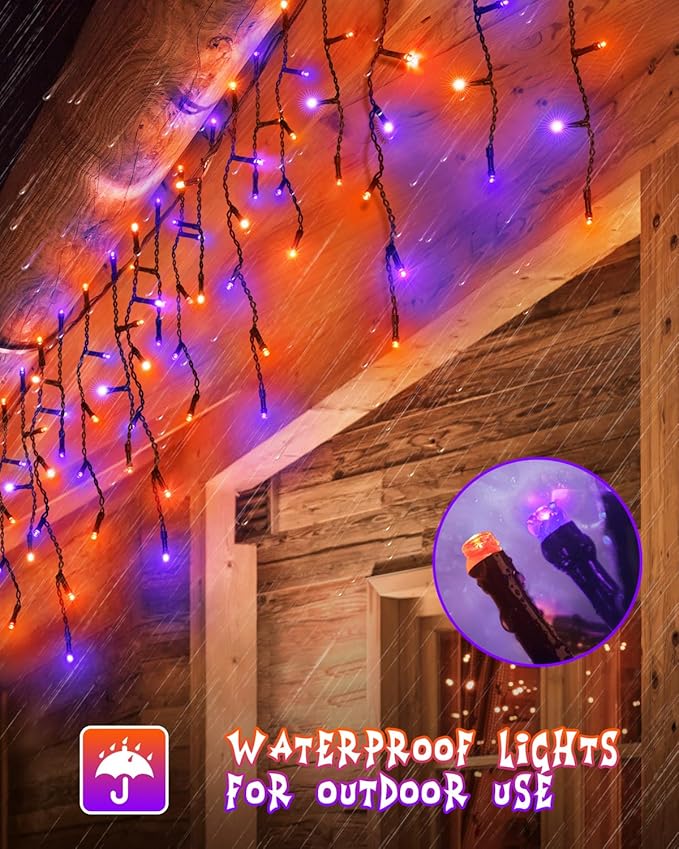 Outdoor Halloween Lights, Waterproof 53FT 486 LED Hanging String Lights with 108 Drops, 8 Modes Timer, Connectable Plug-in Outside Lights for Party Eaves Yard Decorations, Purple and Orange