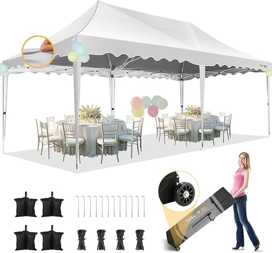 HOTEEL 10×20 Pop Up Canopy, Canopy Tent UV 50+ and Waterproof, Thickened Frame, Large Space Easy Tent, Outdoor Canopies for Weddings, Beaches, Parties, Patio (White)