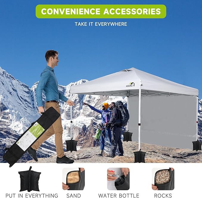 10x10ft Pop Up Canopy Tent with Removable Sidewall, Instant Shade Canopy with Vented Roof for Patio Outdoor Camping with Wheel-Bag, 4 Sand Bags, 8 Stakes