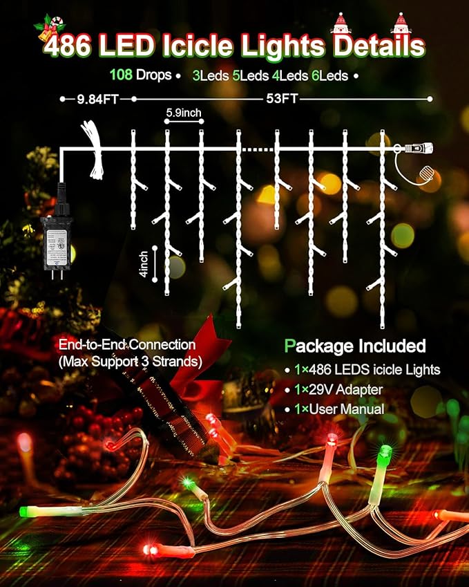 Christmas Lights Outdoor, 53 FT 486 LED Christmas Lights for Outside, Timer & Memory, Plug in 8 Modes Hanging Fairy Light with 108 Drops for House Eaves Yard Patio Decorations, Red Green