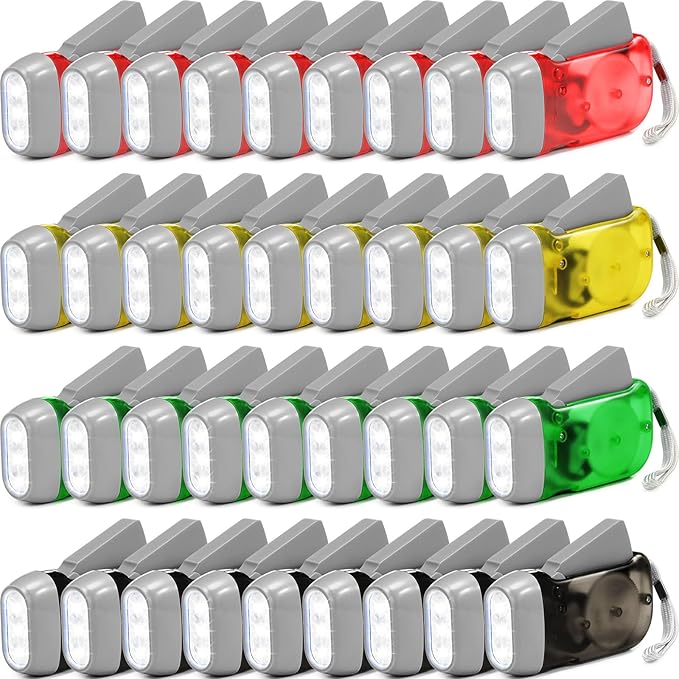 Treela 36 Pcs Hand Crank Flashlights Operation Christmas Items Bulk Squeeze Flashlight No Battery Required Torchlight 3 Powered Charging for Emergency(Red, Grey, Yellow, Green)