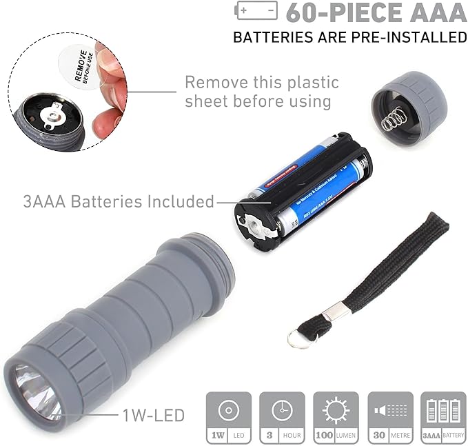 20-Pack Small Flashlights Set, Super Bright 100 Lumen LED Flashlight Pack with 60-Piece AAA Batteries Included, Mini Flashlight, Outdoor Flashlight for Camping, Hiking, Emergency