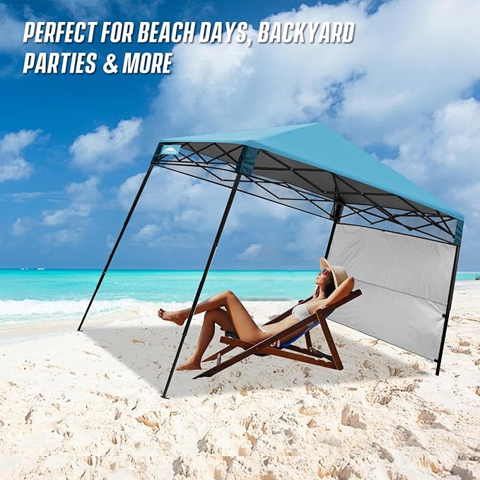 EAGLE PEAK 8x8 Pop Up Canopy Tent with Sidewall, Compact, Portable Slant Leg Instant Sun Shelter for Beach, Sports, & Camping, 8x8 Base 6x6 Top, Light Blue