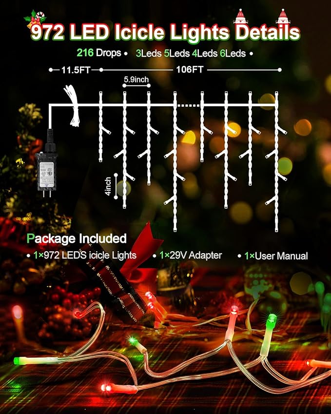 106 FT Christmas Lights Outdoor, 972 LED Waterproof Outside Christmas Lights Plug in, Connectable 8 Modes Hanging Fairy Lights with 216 Drops for House Eaves Yard Patio Decoration, Red and Green