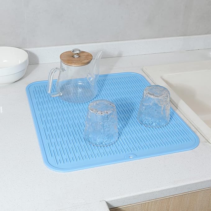 Silicone Dish Drying Mat for Multiple Usage,Easy clean,Eco-friendly,Heat-resistant Silicone Mat for Kitchen Counter or Sink,Refrigerator or Drawer Liner Light Blue 2XL 24 inches x 18 inches