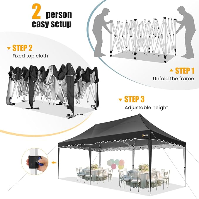 HOTEEL 10×20 Pop Up Canopy, Canopy Tent UV 50+ and Waterproof, Thickened Frame, Large Space Easy Pop Up Canopy, Outdoor Canopy for Weddings, Beaches, Parties, Patio (Black)