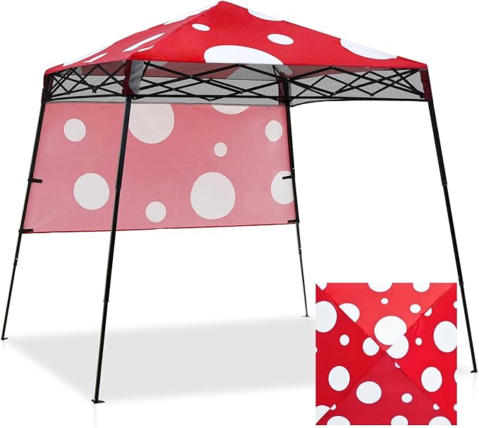 EAGLE PEAK 8x8 Pop Up Canopy Tent with Sidewall, Compact, Portable Slant Leg Instant Sun Shelter for Beach, Sports, & Camping, 8x8 Base 6x6 Top, Red Mushroom