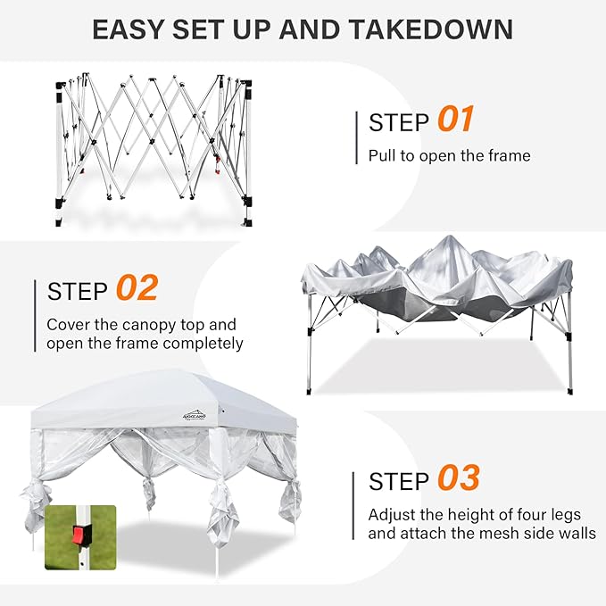 Canopy Tent with Netting Screen,10x10 Easy Pop Up Gazebo for Outdoor Parties,Camping,Foldable Patio Gazebo with Roller Bag and 4 Sandbags (White)