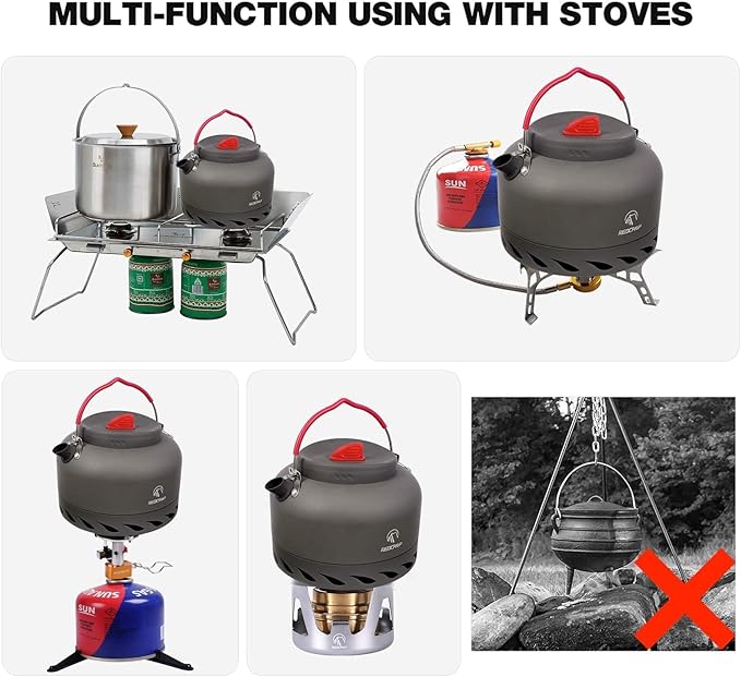 REDCAMP Outdoor Camping Kettle with Heat Exchanger, Compact Lightweight Coffee Pot,Aluminum Camp Tea Kettle with Carrying Bag 1.4L