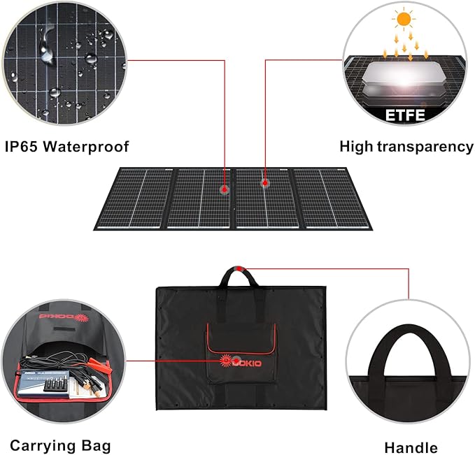 DOKIO 200W 36V Black Portable Solar Panels Kit Folding Solar Charger for 24v Batteries/Power Station AGM LiFePo4 RV Camping Trailer Car Marine