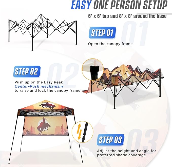 EAGLE PEAK 8x8 Pop Up Canopy Tent with Sidewall, Compact, Portable Slant Leg Instant Sun Shelter for Beach, Sports, & Camping, 8x8 Base 6x6 Top, Cowboy
