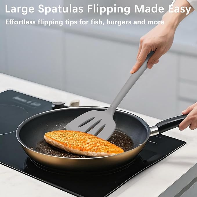 Coukre Silicone Spatula Set of 3, High Heat Resistant, BPA-Free, Kitchen Utensils, Fish Spatula, Solid & Slotted Turner for Non-Stick Pans, Flipping Eggs, Pancakes, Fish, Burgers (3, PureGray)