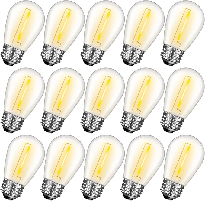 S14 Bulbs for Outdoor String Lights, 15 Count Shatterproof 1W E26 LED Replacement Bulb, Waterproof Outdoor Light Bulbs for Patio Light, Warm White 2200K, Dimmable