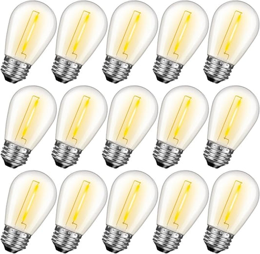 S14 Bulbs for Outdoor String Lights, 15 Count Shatterproof 1W E26 LED Replacement Bulb, Waterproof Outdoor Light Bulbs for Patio Light, Warm White 2200K, Dimmable