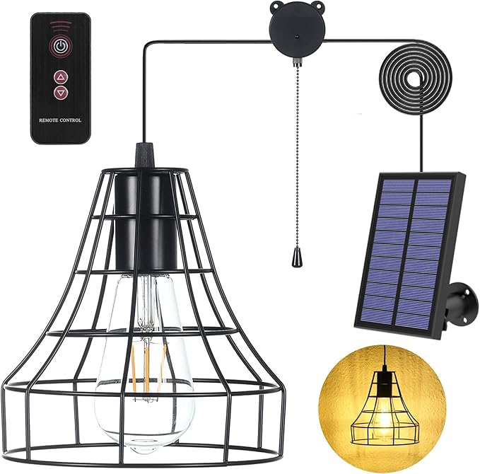 Solar Pendant Lights, Solar Powered Shed Light with Pull Cord and Remote for Outdoor Indoor, Solar Chandelier, Gazebo Lights with Adjustable Solar Panel for Yard Patio Balcony Barn Garage