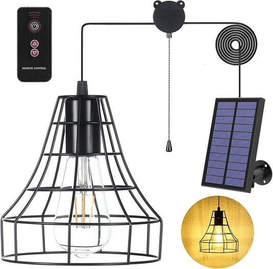 Solar Pendant Lights, Solar Powered Shed Light with Pull Cord and Remote for Outdoor Indoor, Solar Chandelier, Gazebo Lights with Adjustable Solar Panel for Yard Patio Balcony Barn Garage