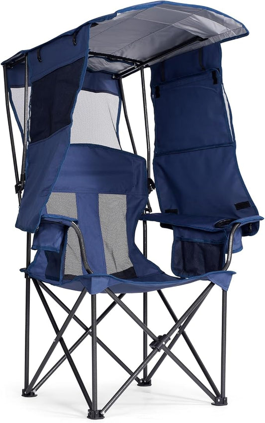 Camping Chair with Canopy Shade - Folding Beach Chair with UPF 50+ Sun Shade, Cup Holder, Side Pocket, Portable Sports Chair for Adults Support 330 LBS, Fishing Camp Outdoor Lawn Chair - Blue