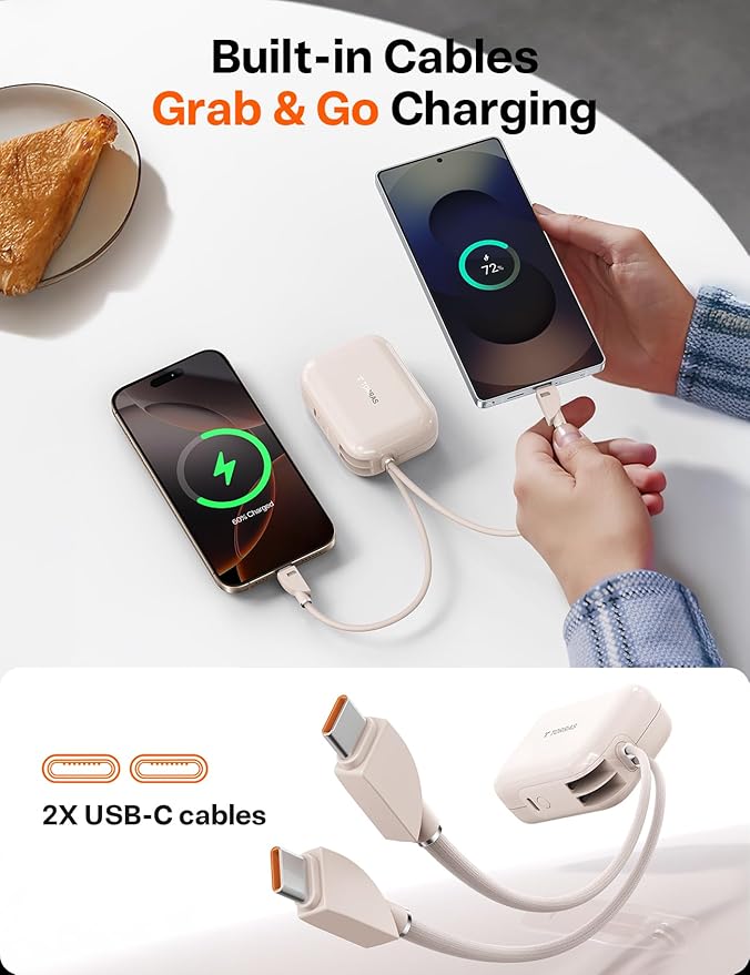 TORRAS 10000mah 45W Power Bank Portable Charger Fast Charging [Ultra Compact] Built in Cable USB C, Travel Essentials Phone Battery Pack Powerbank for iPhone 16 15, Samsung Google Moto etc