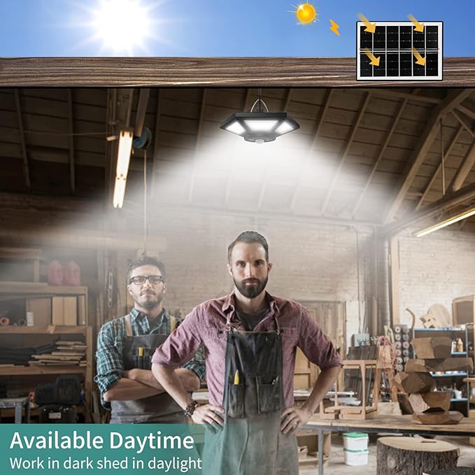 Solar Pendant Light Indoor/Outdoor with Remote Control, 360 Waterproof Solar Light with Motion Sensor/Timer/5 Modes for Home Shed Garage Barn