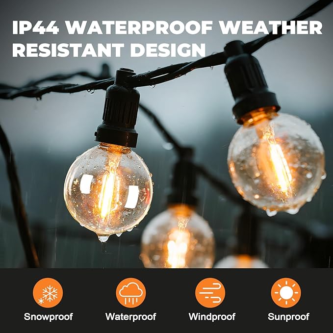 15 Pack G40 Outdoor String Light Bulbs, Waterproof Shatterproof Globe Bulbs with E12 Base, Dimmable Edison Light Bulbs for Party, Garden, Patio Decor, 2200K