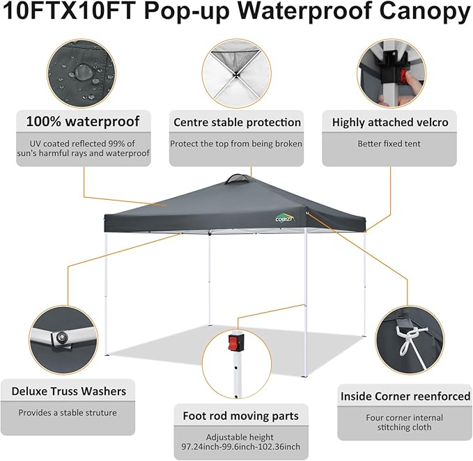 COBlZI 10x10 Pop Up Canopy Tent with 4 Removable Sidewalls，Waterproof Commercial Easy Adjustable Gazebo Tent with Air Vent, 4 Sandbags，4 Stakes & 8 Ropes（Tents for Party/Exhibition,Grey