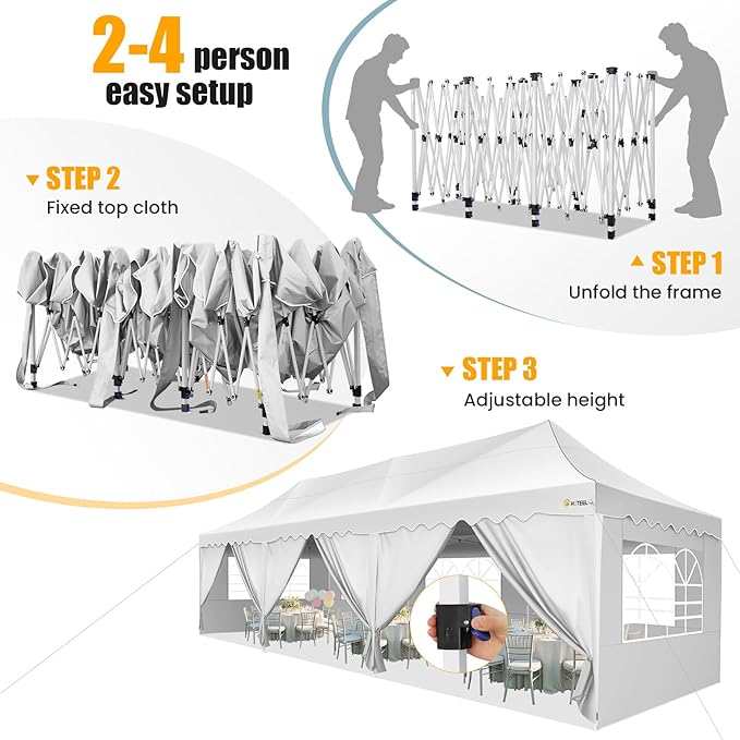 HOTEEL 10x30 Pop Up Canopy with 8 Sidewalls, UV 50+ and Waterproof Party Tent 10×30, Thickened Frame, Large Space Easy Pop Up Canopy, Outdoor Tent for Weddings, Beaches, Parties, Patio (White)