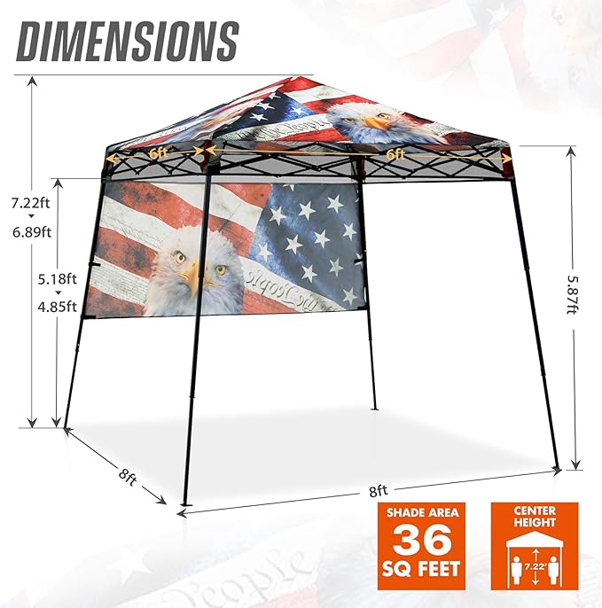 EAGLE PEAK 8x8 Pop Up Canopy Tent with Sidewall, Compact, Portable Slant Leg Instant Sun Shelter for Beach, Sports, & Camping, 8x8 Base 6x6 Top, American Icon