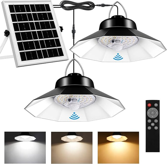 Solar Shed Lights Indoor Outdoor Aqonsie Dual Solar Pendant Daytime Work Lights with 3 Colors Temperature & 5 Lighting Modes+2 Timers, 1200LM Solar Motion Indoor Lights with Remote for Gazebo Barn