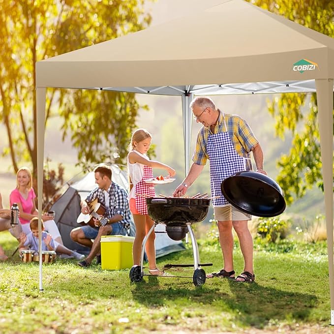 COBIZI 10x10 Pop Up Canopy Tent with 4 Sandbags, Easy Set Up Gazebo, Instant Outdoor Sun Shade &Waterproof Canopy with 8 Stakes,4 Ropes&Carry Bag, Tents for Parties, Beach, Backyard,Camping(Khaki