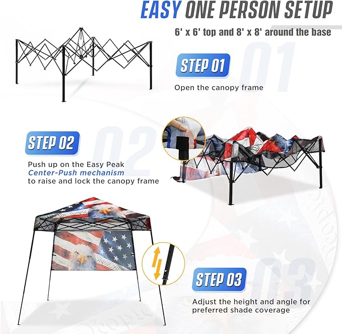 EAGLE PEAK 8x8 Pop Up Canopy Tent with Sidewall, Compact, Portable Slant Leg Instant Sun Shelter for Beach, Sports, & Camping, 8x8 Base 6x6 Top, American Icon