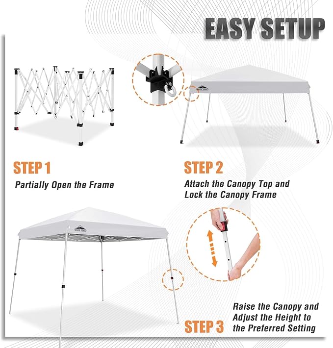 EAGLE PEAK 10x10 Slant Leg Outside Pop Up Canopy, Instant Outdoor Canopy Tent, 8x8 Top 10x10 Base Sun Shelter with Wheeled Carry Bag, Ropes and Stakes, White