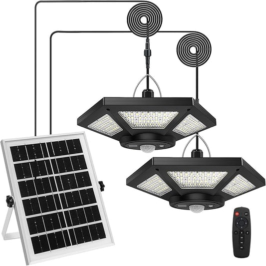 Solar Pendant Light Indoor/Outdoor with Remote Control, 360 Waterproof Solar Light with Motion Sensor/Timer/5 Modes for Home Shed Garage Barn
