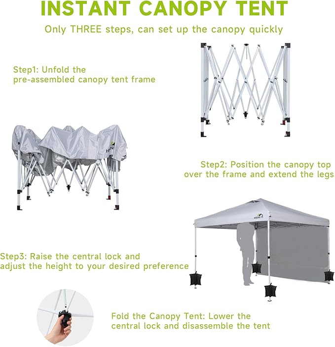 10x10ft Pop Up Canopy Tent with Removable Sidewall, Instant Shade Canopy with Vented Roof for Patio Outdoor Camping with Wheel-Bag, 4 Sand Bags, 8 Stakes