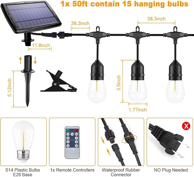 Solar String Lights with Remote Control, 50FT Dimmable Outdoor String Lights Waterproof, Patio Lights Solar Powered for Garden Backyard Camping Party