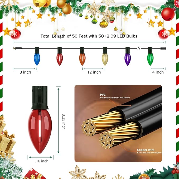 Kawaya Outdoor Christmas LED Multi-Colored Clear Tree Lights - C9 50ft, 50 Bulbs Waterproof Decor for Outside Trees, House, Walkway & Pathways