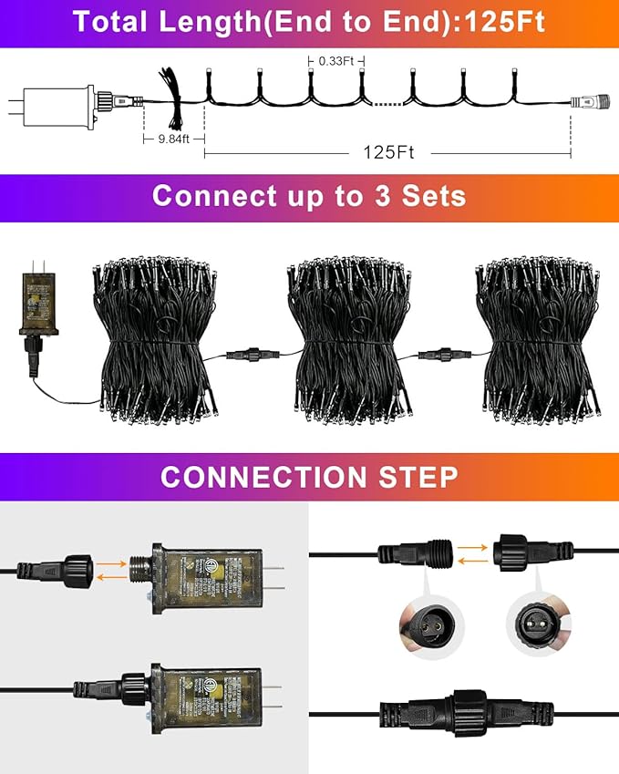125 FT 380 LED Halloween String Lights, Outdoor Waterproof Black Wire with 8 Modes, Timer & Memory, Plug-in Halloween String Lights for Indoor Yard Tree Decorations, Purple & Orange