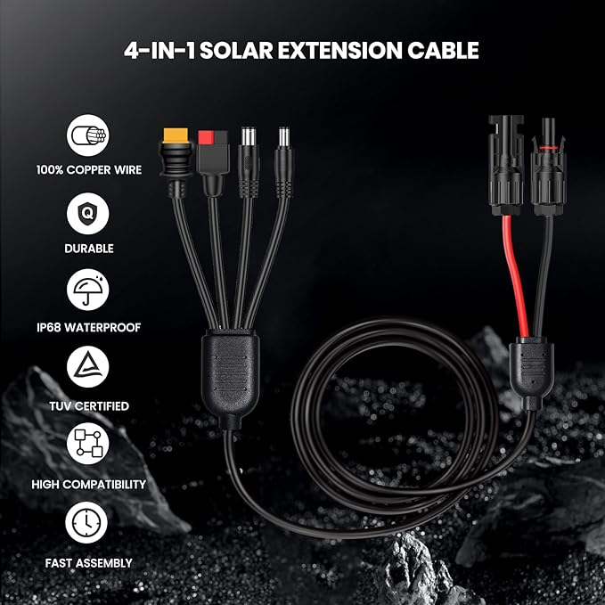 FlexSolar Solar Panel Charge Cable 6.6FT 14AWG Solar Connector to Anderson, DC5521, DC7909, XT60 Adapter for Battery Pack Power Station Solar Generator
