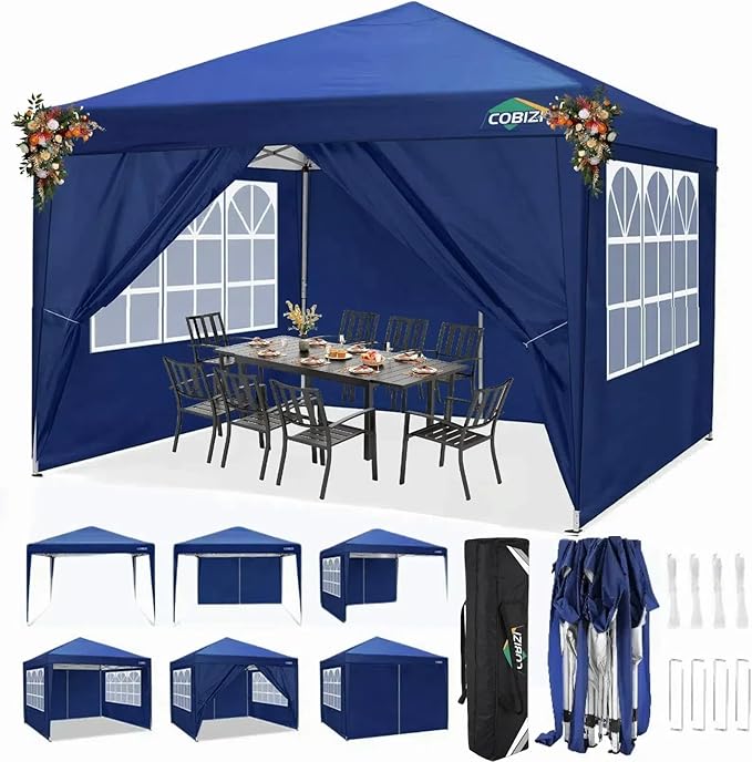 COBIZI 10x10 Pop Up Canopy Tent with 4 Removable Sidewalls, Easy Up Waterproof Sun Shade Tents for Parties Camping Exhibition, Commercial Event Gazebo with Carry Bag,8 Stakes & 4 Ropes (Navy Blue