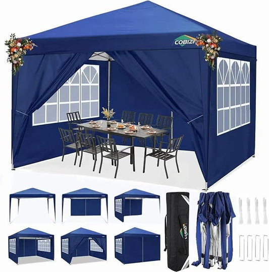 COBIZI 10x10 Pop Up Canopy Tent with 4 Removable Sidewalls, Easy Up Waterproof Sun Shade Tents for Parties Camping Exhibition, Commercial Event Gazebo with Carry Bag,8 Stakes & 4 Ropes (Navy Blue