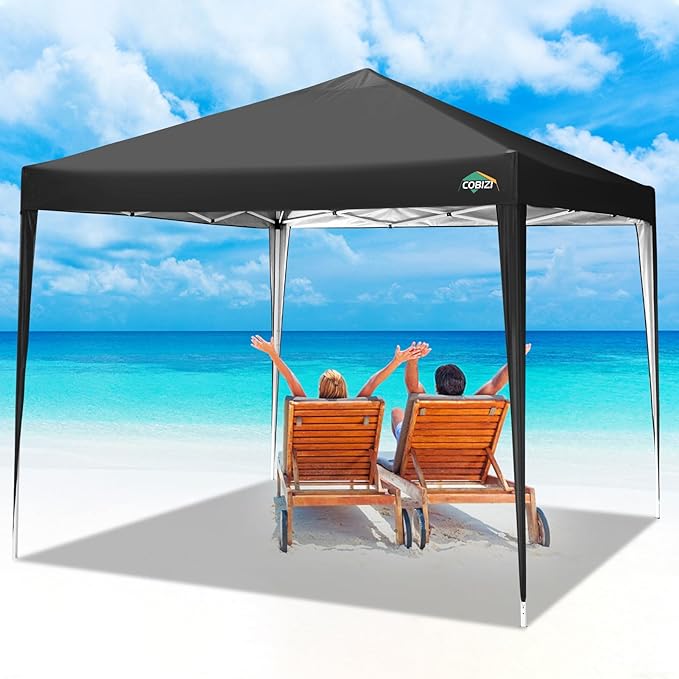 COBIZI 10x10 Pop Up Canopy Tent with 4 Sandbags, Easy Set Up Tent, Instant Outdoor Sun Shelter Canopy with 8 Stakes,4 Ropes&Carry Bag, Tents for Parties, Beach, Backyard,Camping(Black