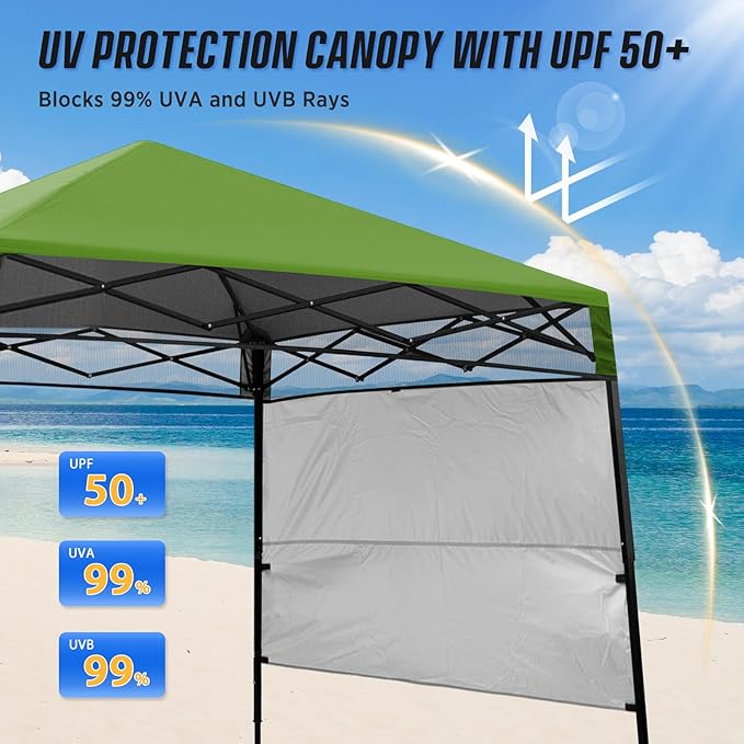 EAGLE PEAK 8x8 Pop Up Canopy Tent with Sidewall, Compact, Portable Slant Leg Instant Sun Shelter for Beach, Sports, & Camping, 8x8 Base 6x6 Top, Grass Green