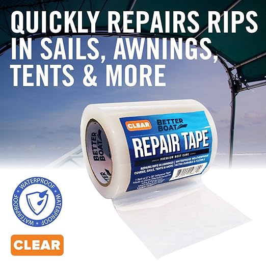 Repair Tape for Fabric Boat Covers, Canvas Tents, Pop-Up Campers, RV Awnings, Tarps, Canopies, Bimini Tops, Sails, Air Mattress Patch Kit, 30ft x 3" Clear Heavy-Duty Waterproof Vinyl
