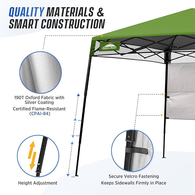 EAGLE PEAK 8x8 Pop Up Canopy Tent with Sidewall, Compact, Portable Slant Leg Instant Sun Shelter for Beach, Sports, & Camping, 8x8 Base 6x6 Top, Grass Green