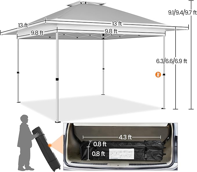 Yaheetech 13x13 Pop Up Canopy Tent, Straight Leg Easy Set-up Height-Adjustable Folding Shelter w/Extending Eaves Set W/Sandbags & Rolling Storage Bag & Ground Anchors & Guy Lines，Light Gray/White