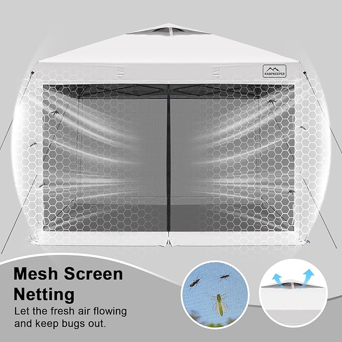 KAMPKEEPER 10x10 Pop Up Canopy with Mosquito Netting,Instant Outdoor Screen Tent Sun Shade for Events Patio Camping Picnic,Gazebo with 4 Sandbags,1 Wheeled Bag(White)