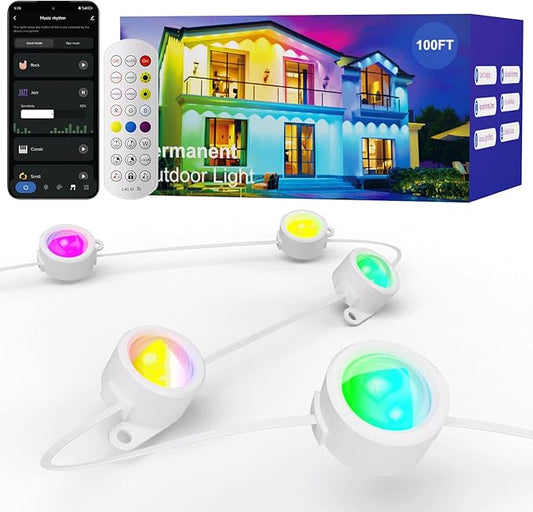 HUTAKUZE Permanent Outdoor Lights, 100FT RGB Smart Eaves Lights, IP67 Waterproof LED Outdoor Strip for House, Music Sync, APP/Remote Control, 16 Million Colors