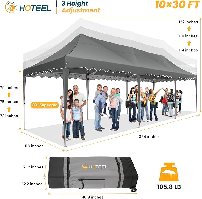 HOTEEL 10x30 Pop Up Canopy with 8 Sidewalls, UV 50+ and Waterproof Party Tent 10×30, Thickened Frame, Large Space Easy Pop Up Canopy, Outdoor Canopy for Weddings, Beaches, Parties, Patio (Grey)